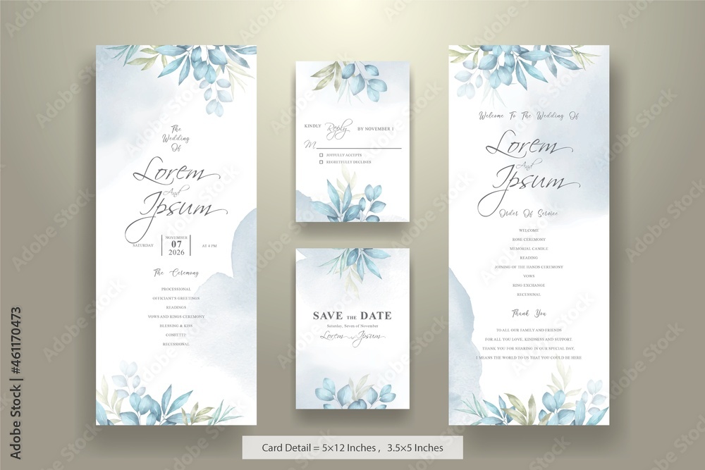 Set of Elegant Wedding Invitation Cards Template with Watercolor Hand Drawn Floral