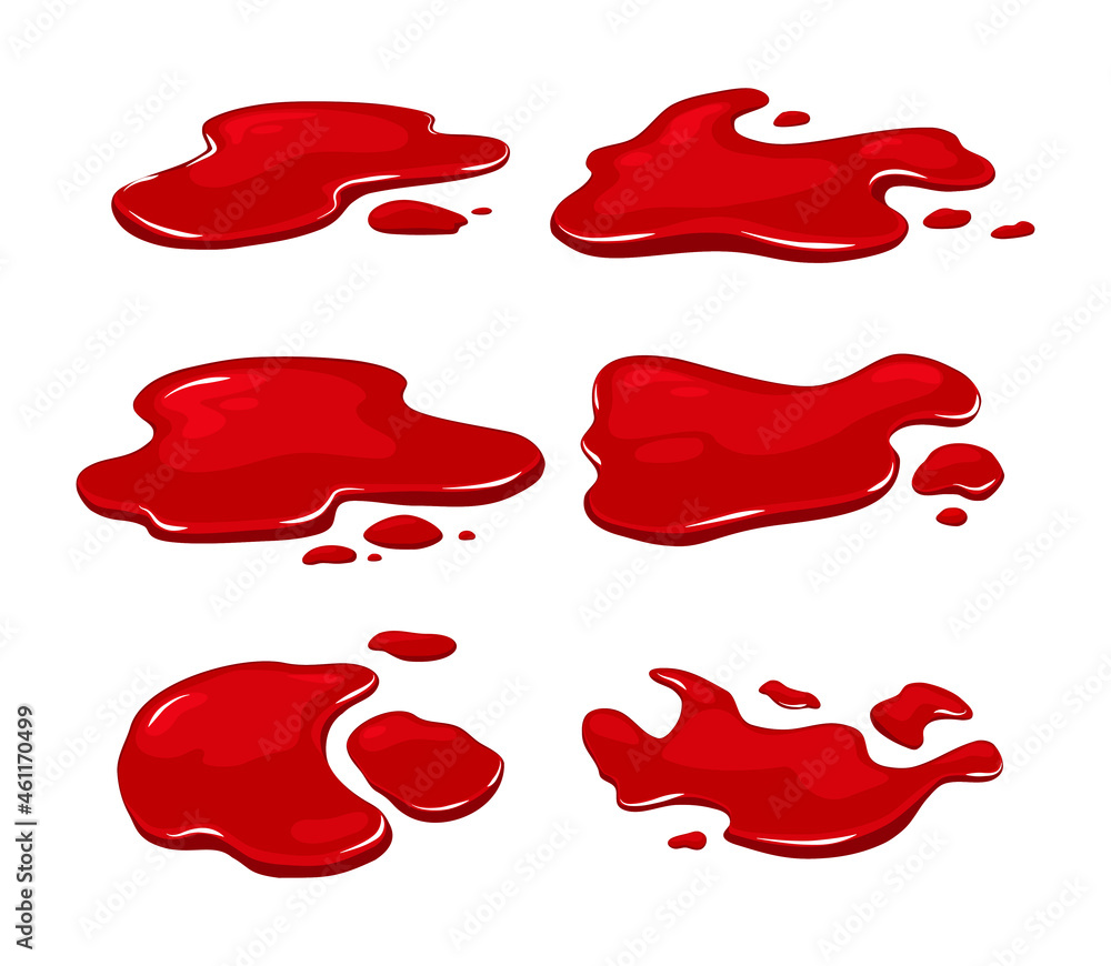 Fototapeta premium Blood spill set on a white isolated background. Red puddle of paint. Vector cartoon illustration