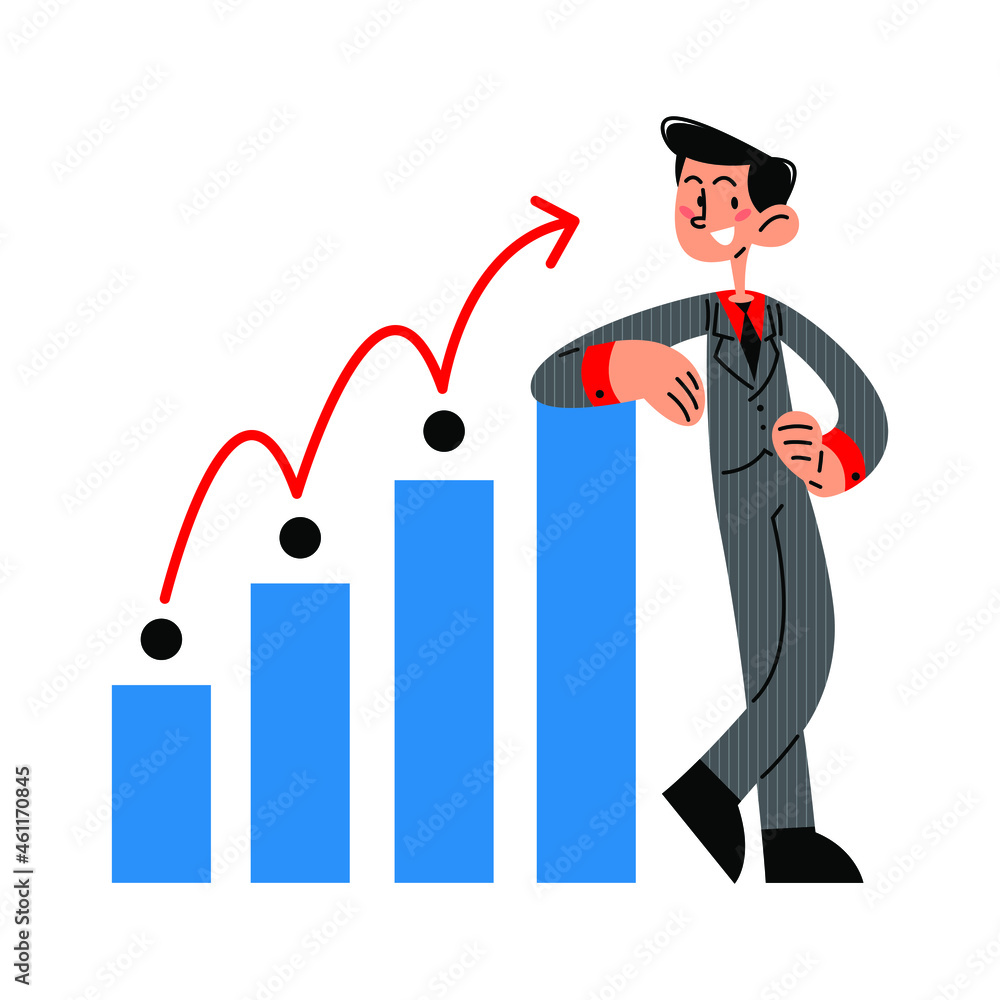 Happy businessman with raising chart vector illustration Happy businessman with raising chart vector illustration