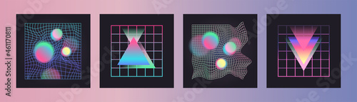 Distorted neon grid pattern and glowing shapes. Abstract vector background. Retro wave, synthwave, rave, vaporwave. Blue, black, pink purple colors. Trendy retro 80s, 90s style. Print, poster, banner
