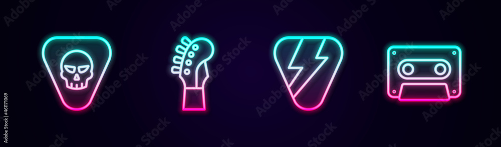 Set line Guitar pick, neck, and Retro audio cassette tape. Glowing neon icon. Vector Set line Guitar pick, neck, and Retro audio cassette tape. Glowing neon icon. Vector