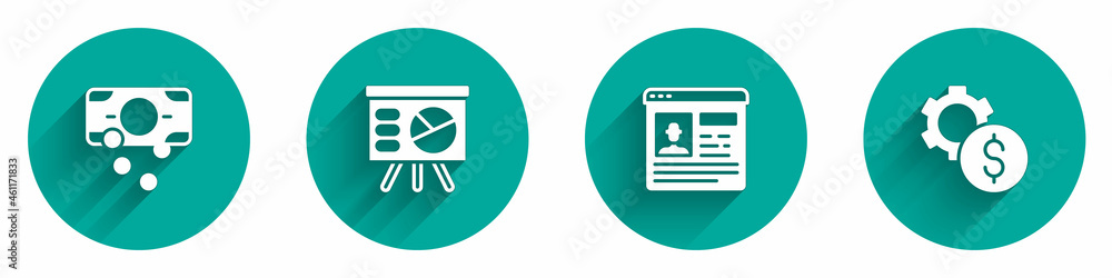 Set Stacks paper money cash, Board with graph, Resume and Gear dollar symbol icon with long shadow. Vector Set Stacks paper money cash, Board with graph, Resume and Gear dollar symbol icon with long shadow. Vector