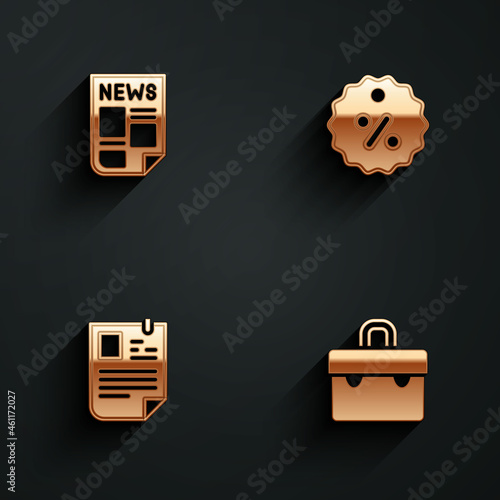 Set News, Discount percent tag, Resume and Briefcase icon with long shadow. Vector
