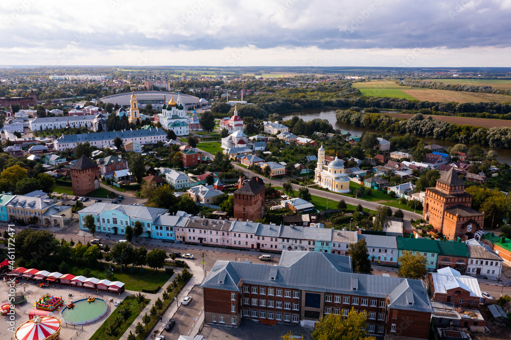 Aerial photo of Russian city Kolomna with view of residential buildings and churches.
