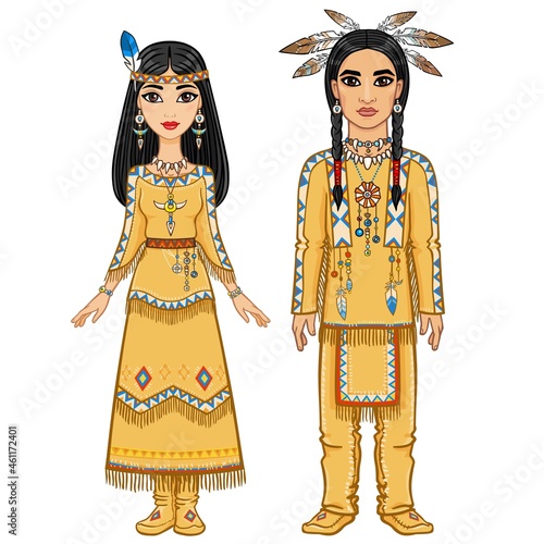 Animation family in clothes of the American Indians. Full growth. Vector illustration isolated on a white background.