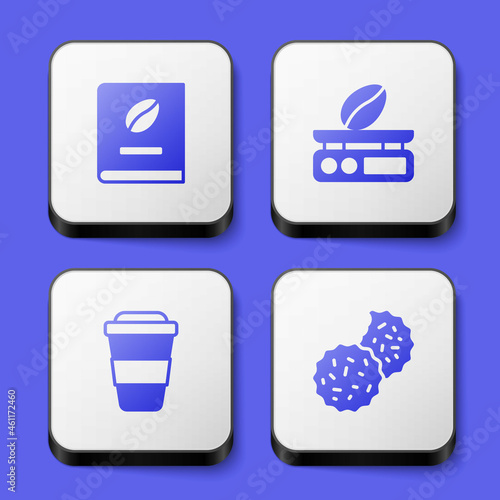 Set Coffee book, Electronic coffee scales, cup to go and Cookie or biscuit icon. White square button. Vector