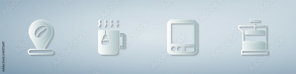 Set Location with coffee bean, Cup tea bag, Electronic scales and French press. Paper art style. Vector Set Location with coffee bean, Cup tea bag, Electronic scales and French press. Paper art style. Vector