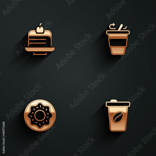 Set Piece of cake, Coffee cup to go, Donut and icon with long shadow. Vector