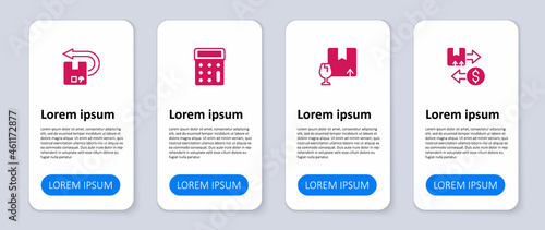 Set Tax cardboard box, Package with fragile content, Calculator and Return. Business infographic template. Vector