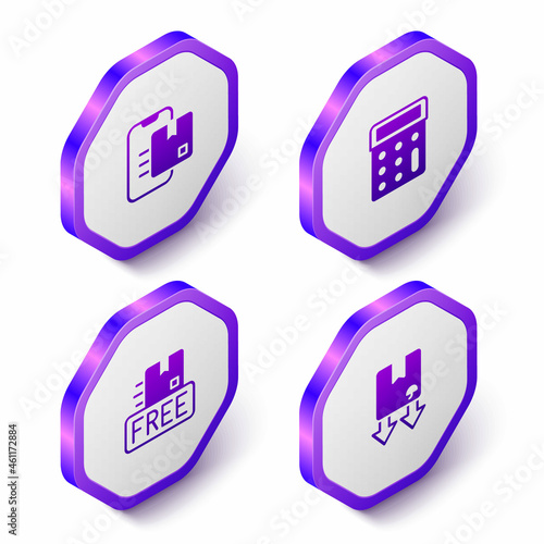 Set Isometric Document tracking marker, Calculator, Cardboard box with free symbol and traffic icon. Purple hexagon button. Vector