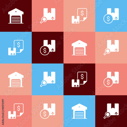 Set pop art Warehouse, Search package, Waybill and Carton cardboard box icon. Vector