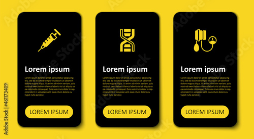 Set Blood pressure, DNA symbol and Syringe. Business infographic template. Vector