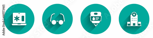 Set Clinical record on laptop, Glasses, IV bag and Hospital building icon with long shadow. Vector