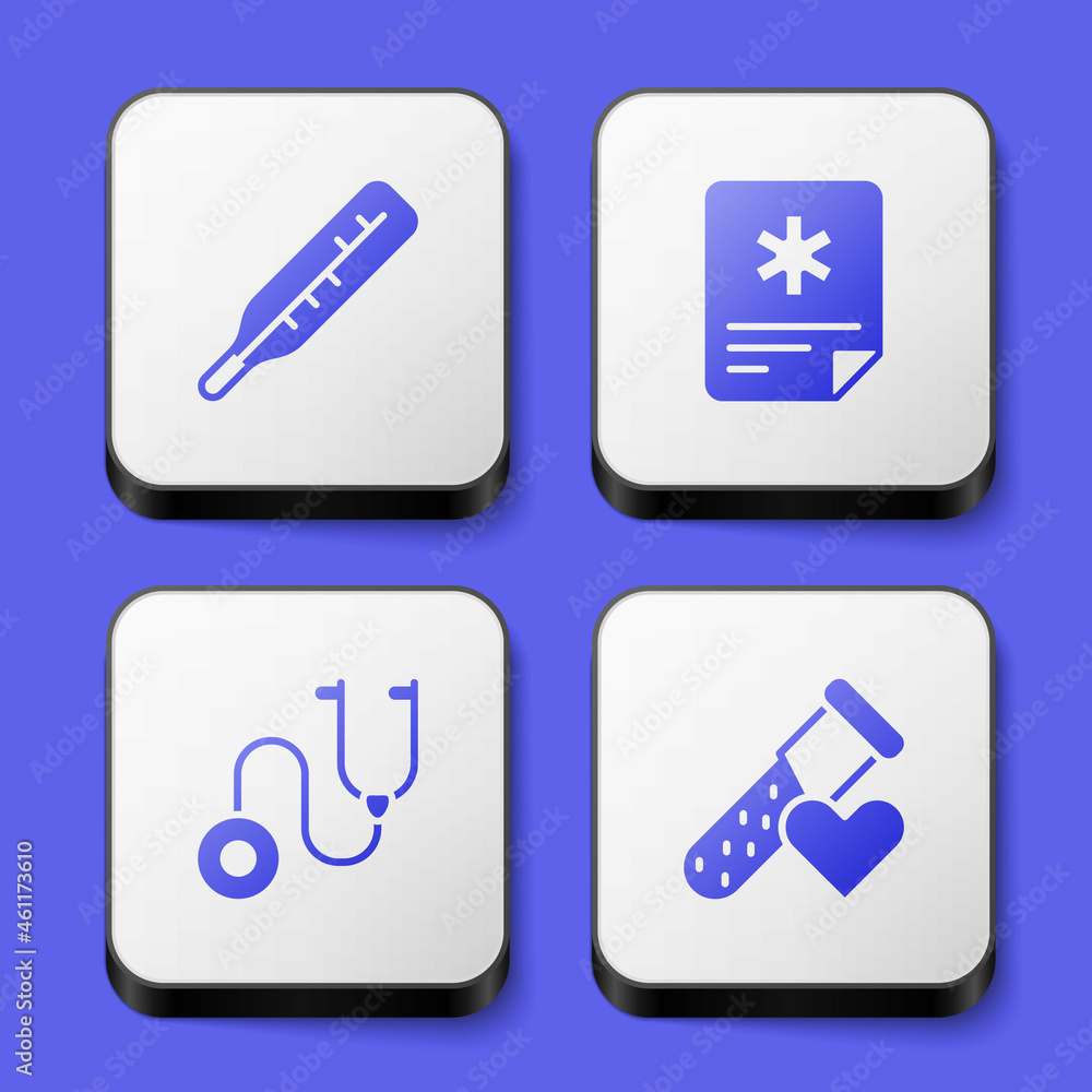 Set Medical thermometer, Patient record, Stethoscope and Test tube with blood icon. White square button. Vector Set Medical thermometer, Patient record, Stethoscope and Test tube with blood icon. White square button. Vector