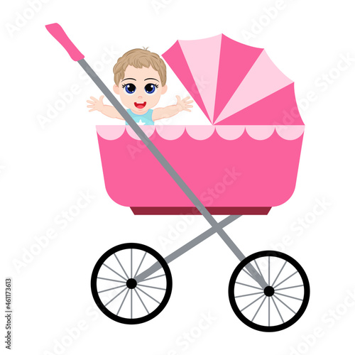Cute beautiful baby character siting baby transport and smiling