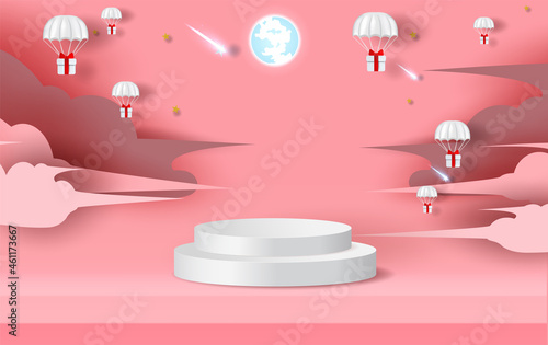 podium on pink background. Parachute gift box fly air in holiday sky. Paper cut and craft style. winter snowfall holiday season. Festival party vector. Stand on pastel love valentine day. illustration