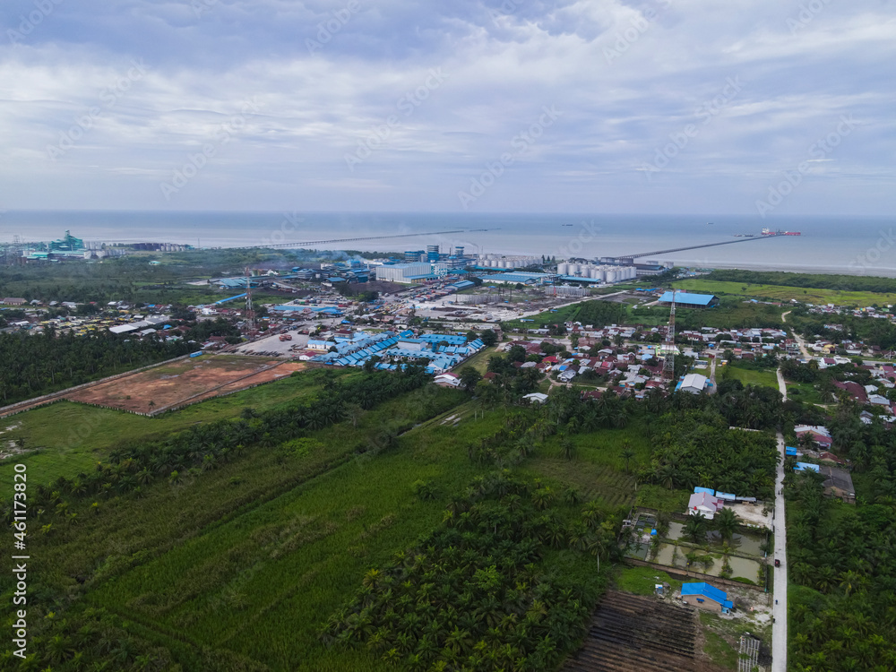 Aerial view of Kuala Tanjung Industrial Area, a new national strategic project of Indonesian Government, located in Batubara Regency.