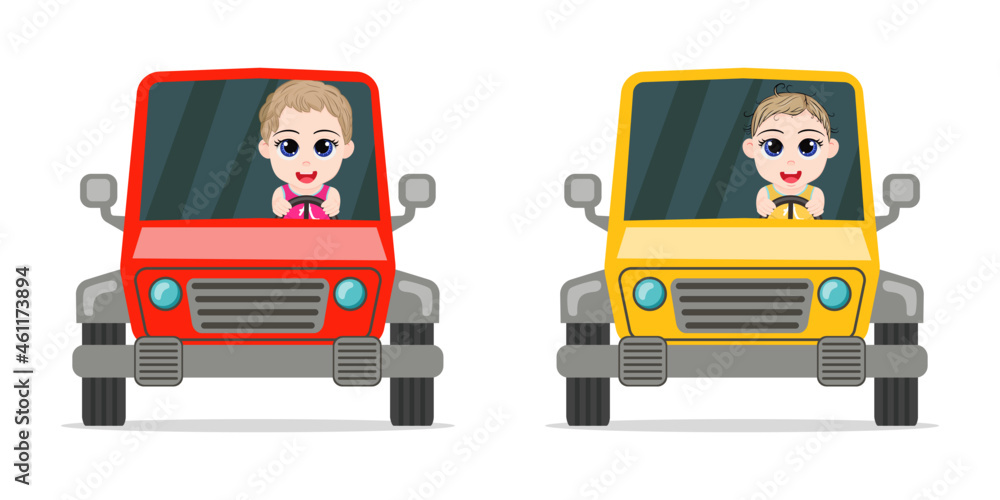 Happy cute baby boy characters wearing beautiful outfit and driving cars Happy cute baby boy characters wearing beautiful outfit and driving cars