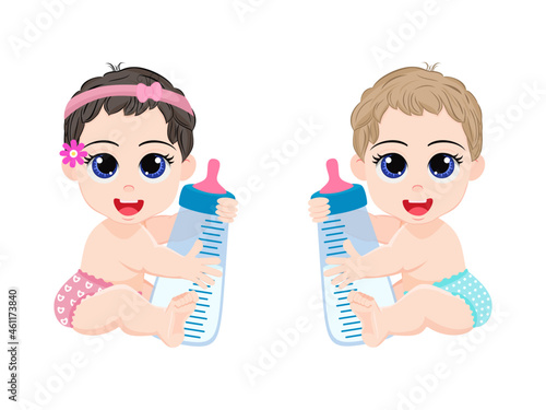 Cute beautiful baby characters wearing diaper and holding milk feeder and siting in opposite position 