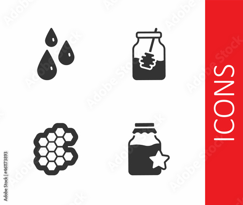 Set Jar of honey, Drops, Honeycomb and and dipper stick icon. Vector photo