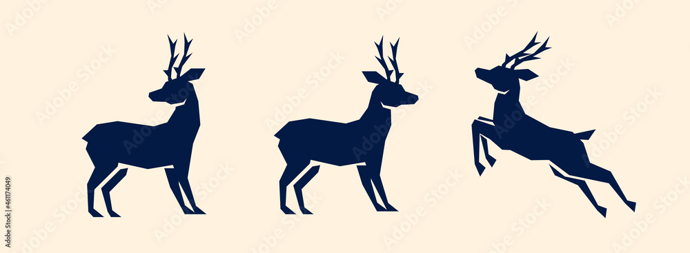 Deer silhouette with sharp corners. Set vector elements for greeting card or christmas celebration banner 