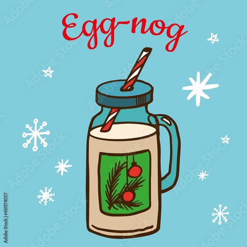 Eggnog line color illustration with 
straw and label isolated on white background. New Year hot drink vector hand drawn illustration for menu, banners, flyer design. 