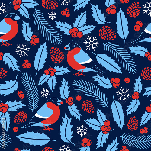 Bullfinch and winter plants seamless christmas pattern. Winter ornament with holly leaves, fir cone and rowan red berries