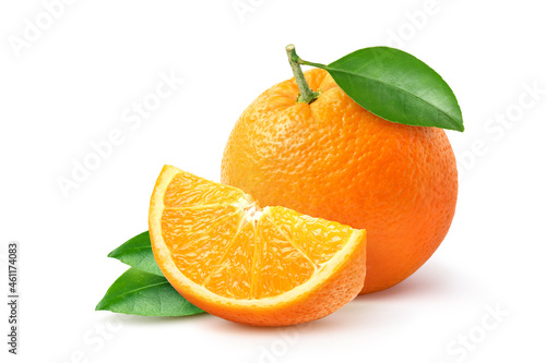 Orange with sliced and green leaves isolated on white background.