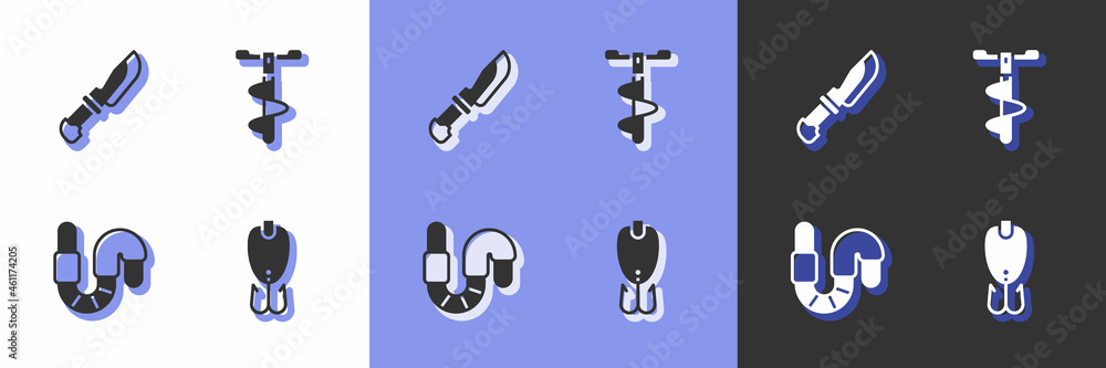 Set Fishing lure, Knife, Worm and Hand ice drill icon. Vector
