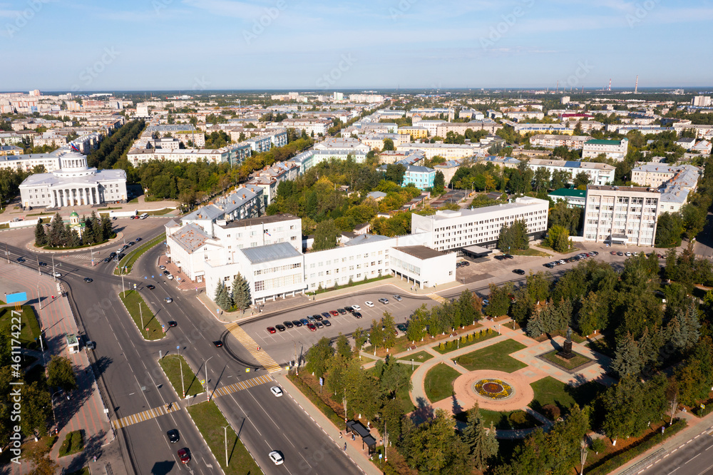 Aerial photo of Dzerzhinsk, Russian city in Nizhny Novgorod Oblast with view of Lenin avenue.