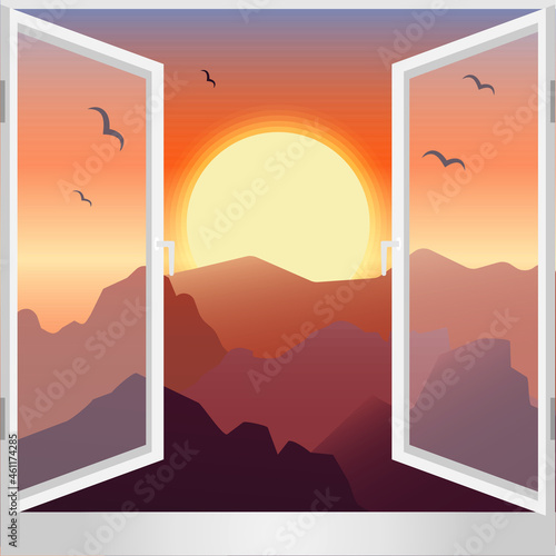 View from the window sunset in the mountains