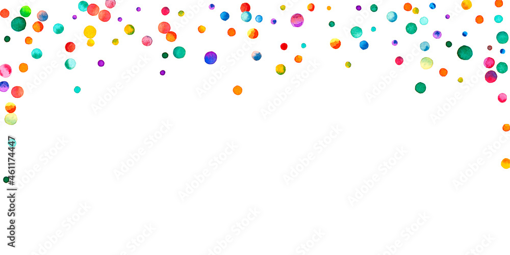 Watercolor confetti on white background. Adorable rainbow colored dots. Happy celebration wide colorful bright card. Stylish hand painted confetti.
