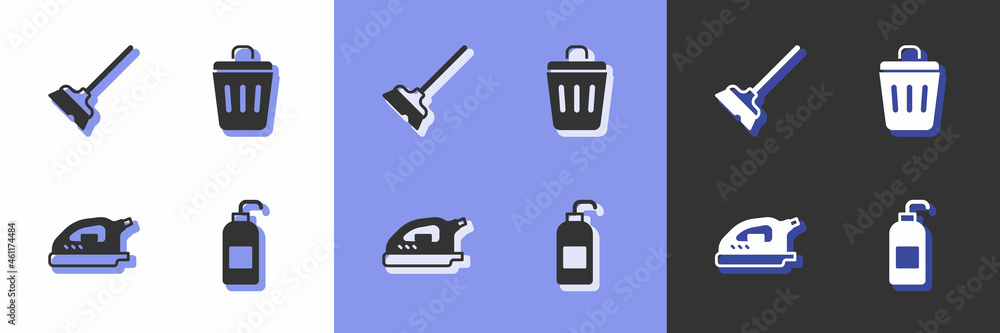 Set Antibacterial soap, Mop, Electric iron and Trash can icon. Vector Set Antibacterial soap, Mop, Electric iron and Trash can icon. Vector