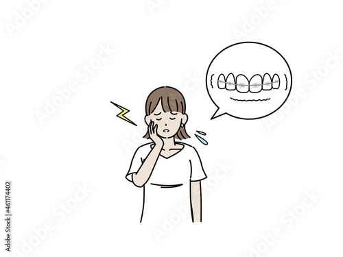 ワイヤー矯正の痛みに耐える若い女性　歯列矯正　イラスト素材