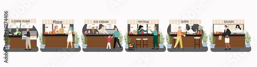 Market place mall food stall, kiosk set, vector isolated illustration. People buying coffee, fast food, ice cream, pizza