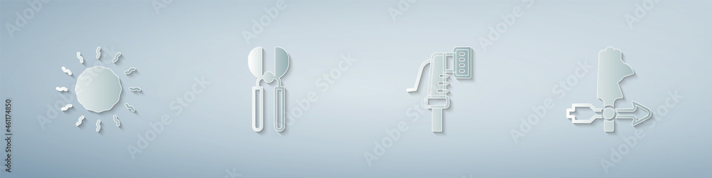 Set Sun, Gardening scissors, hose and Rooster weather vane. Paper art style. Vector