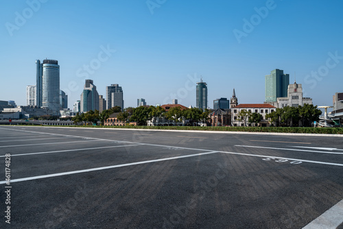 Empty asphalt road and city skyline and building landscape, China.