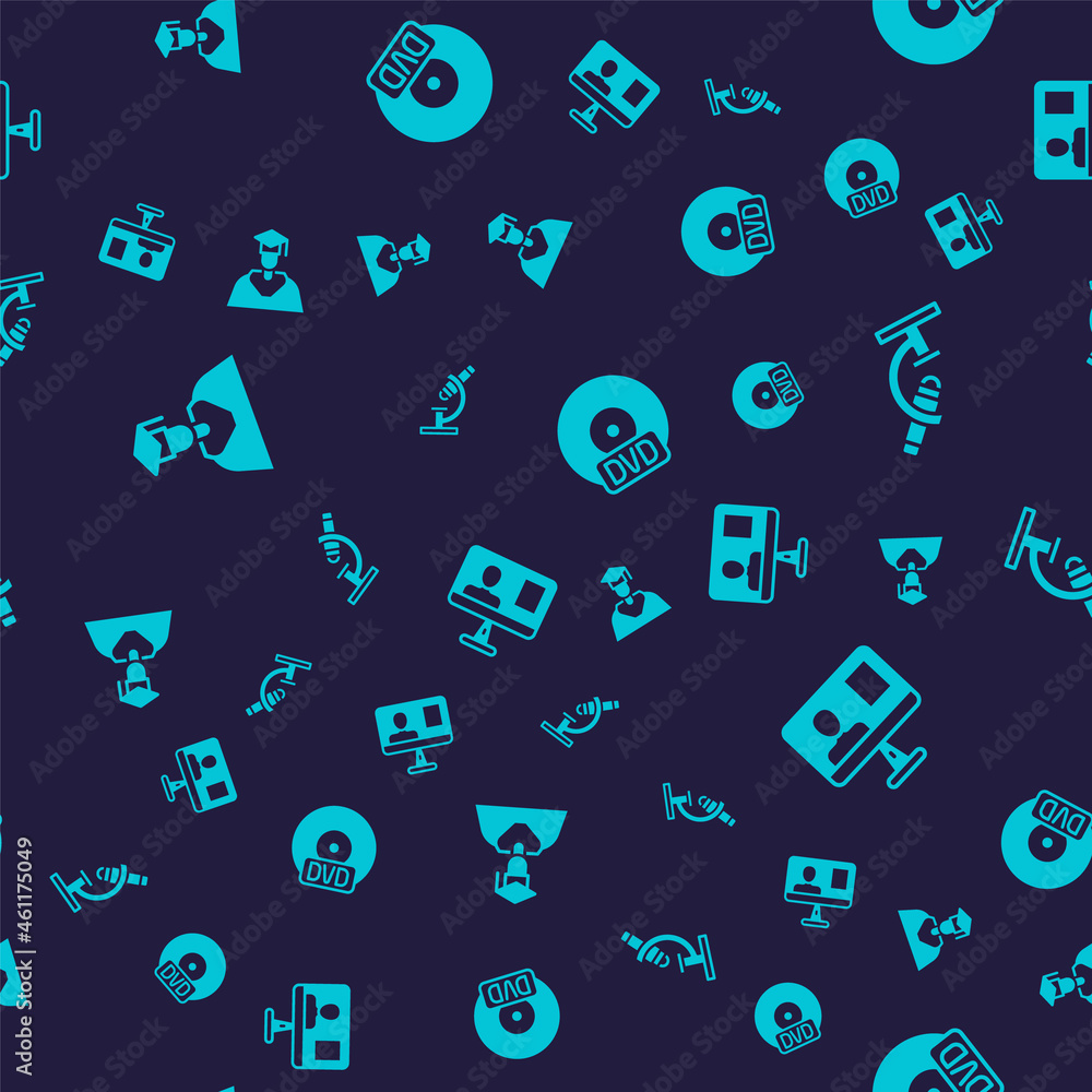 Set Graduate and graduation cap, Microscope, CD or DVD disk and Online class on seamless pattern. Vector Set Graduate and graduation cap, Microscope, CD or DVD disk and Online class on seamless pattern. Vector