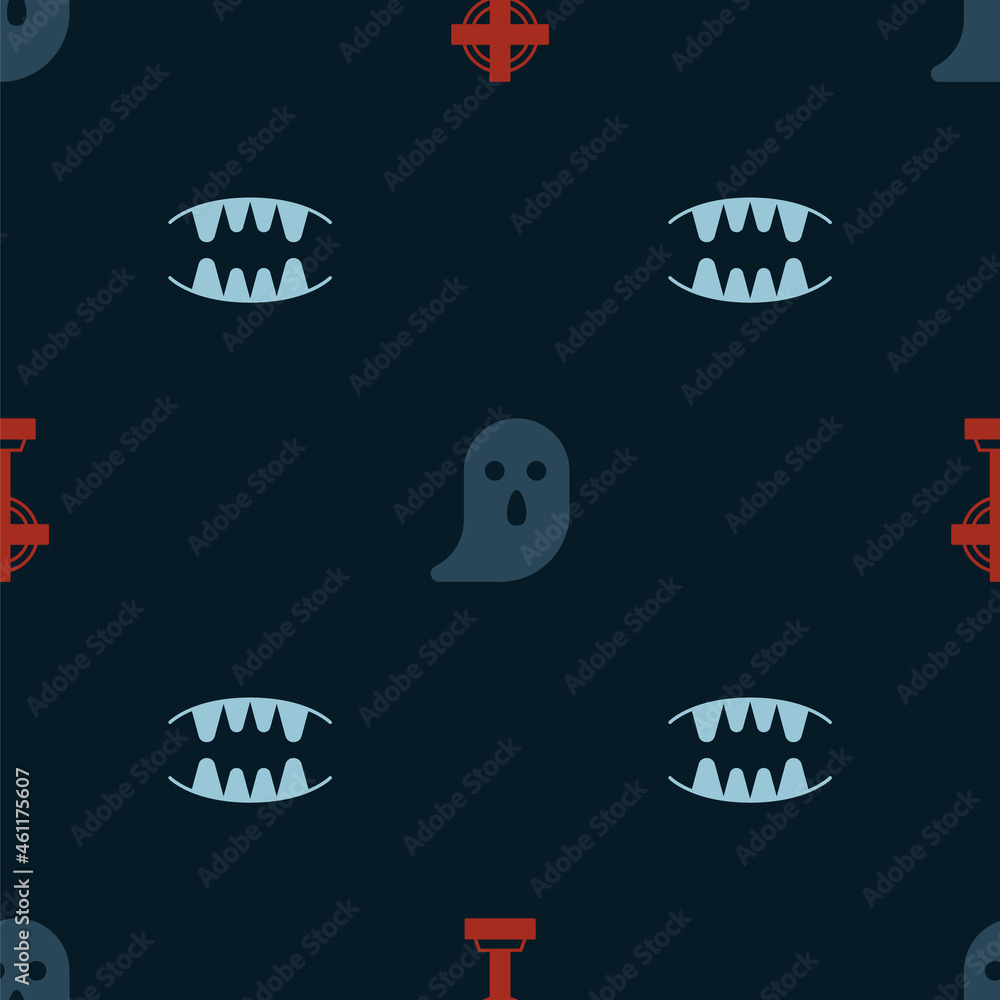 Set Tombstone with cross, Ghost and Vampire teeth on seamless pattern. Vector