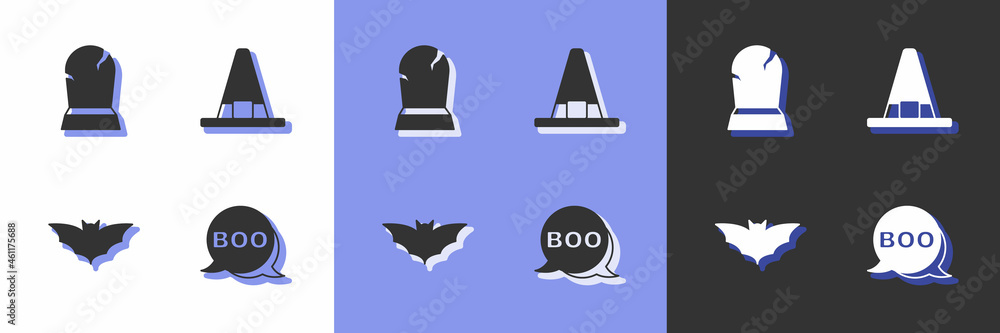 Set Boo speech bubble, Tombstone with RIP written, Flying bat and Witch hat icon. Vector Set Boo speech bubble, Tombstone with RIP written, Flying bat and Witch hat icon. Vector