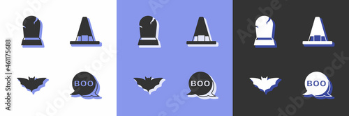 Set Boo speech bubble, Tombstone with RIP written, Flying bat and Witch hat icon. Vector