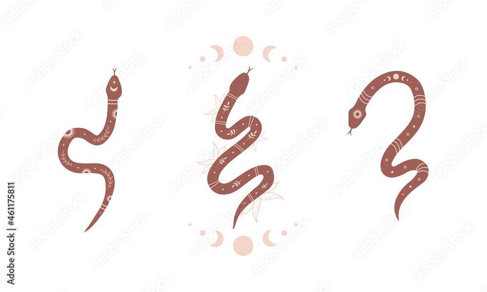 Magic snake in boho style with moon. Collection of mystical symbol in a trendy minimalist style. Esoteric vector illustration. Magic snake in boho style with moon. Collection of mystical symbol in a trendy minimalist style. Esoteric vector illustration.