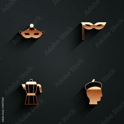 Set Carnival mask, Coffee maker moca pot and French man icon with long shadow. Vector