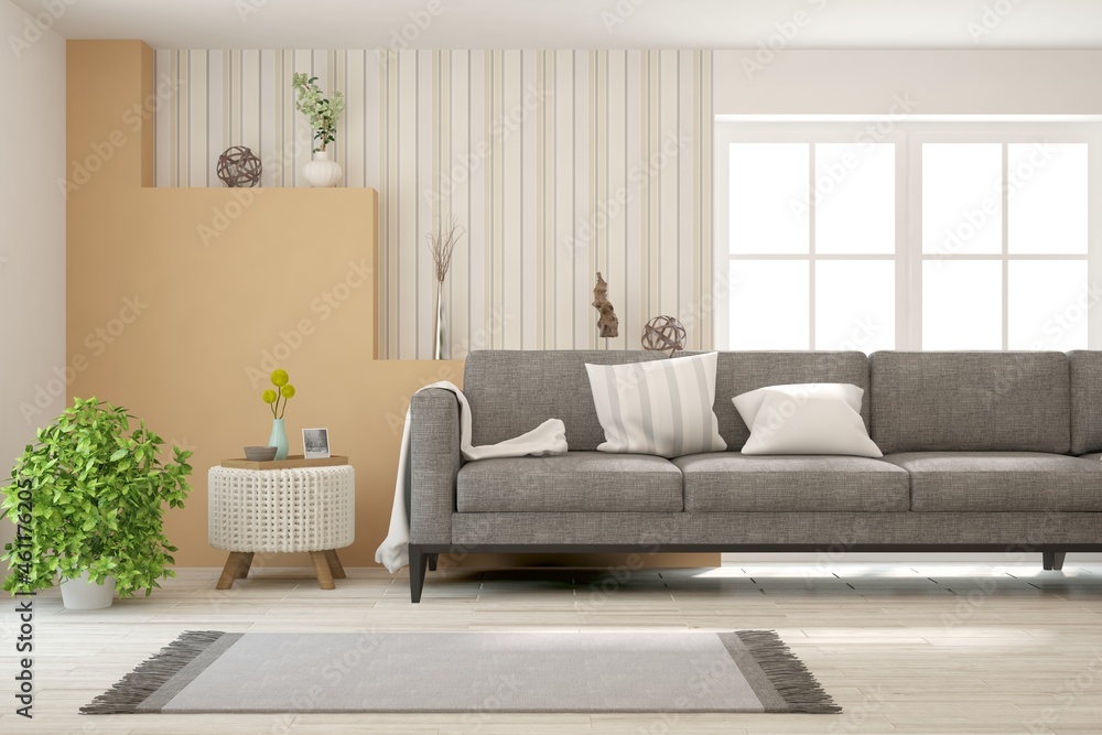 Fototapeta premium Modern living room with sofa. Scandinavian interior design. 3D illustration