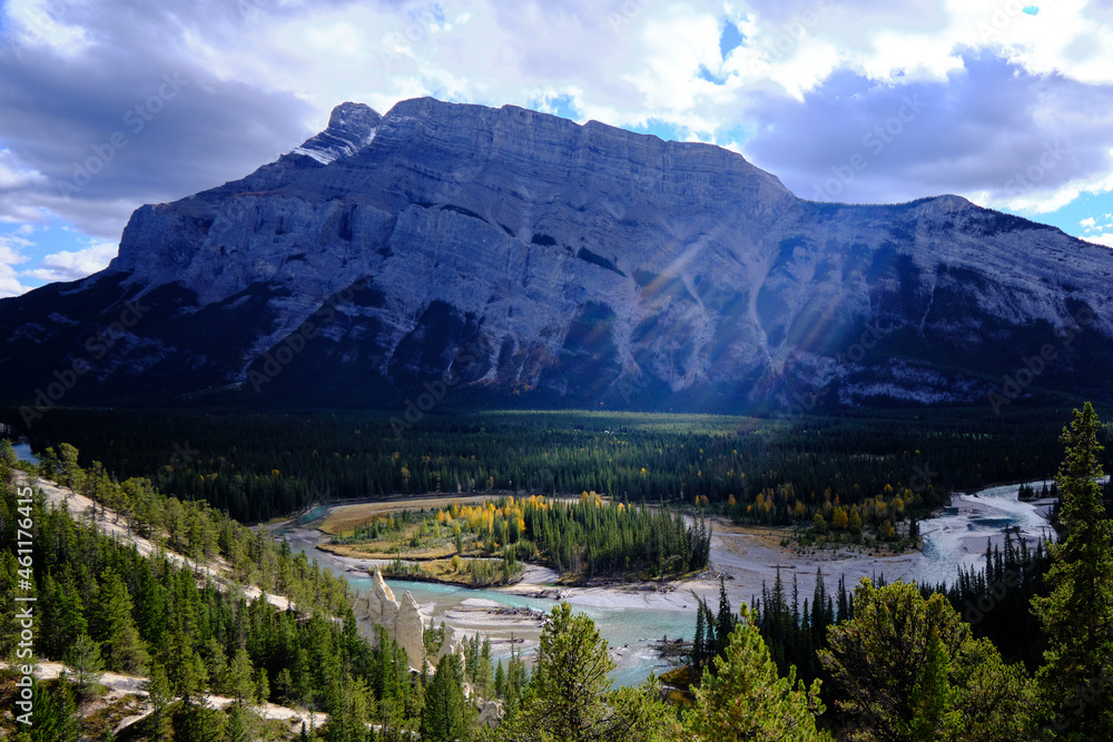 Bow River under Roundle mountain, Banff National Park, Alberta, Canada