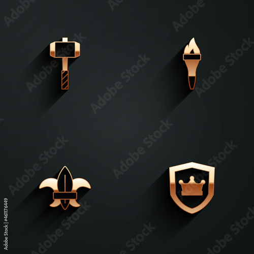 Set Battle hammer, Torch flame, Fleur de lys lily flower and Shield with crown icon with long shadow. Vector