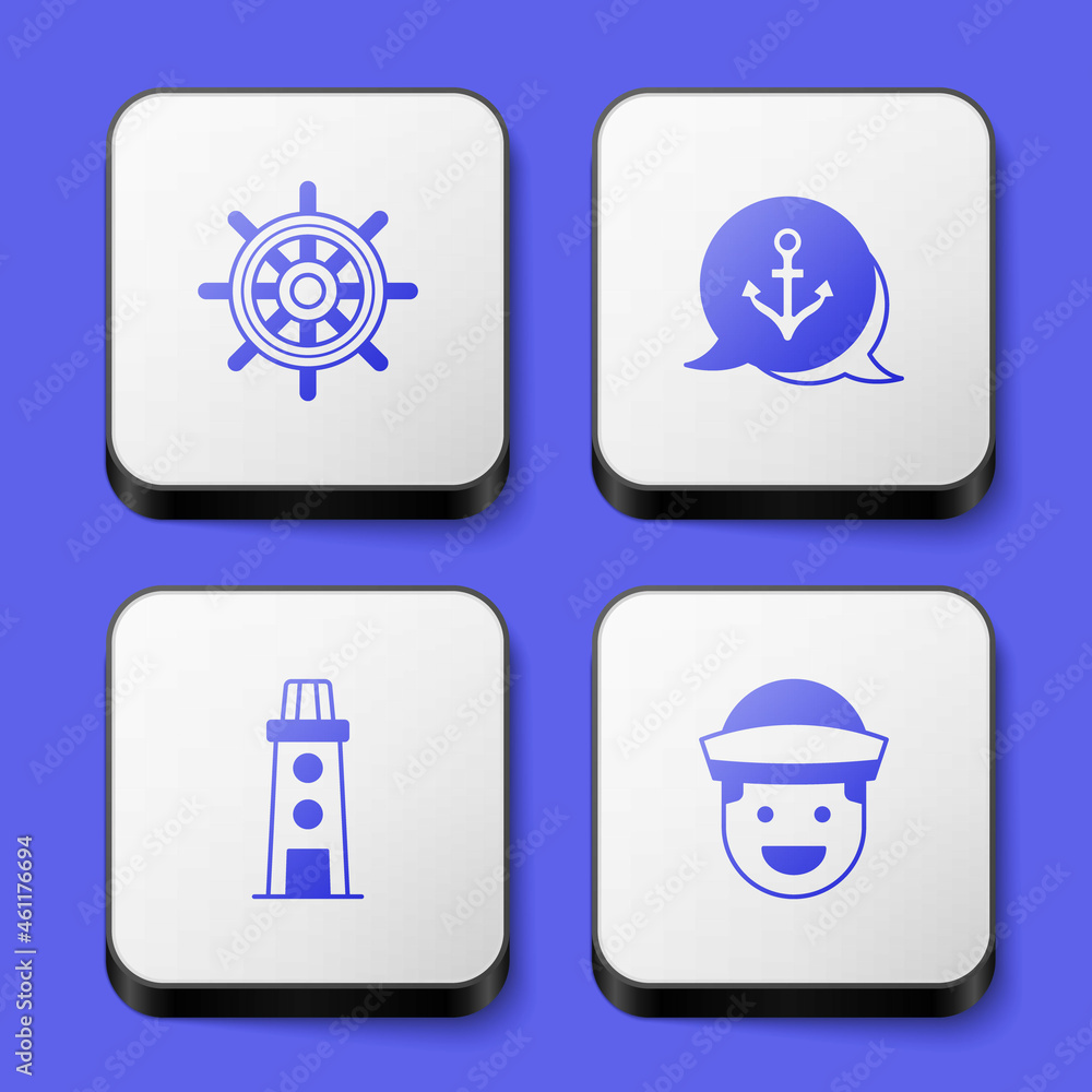Set Ship steering wheel, Anchor, Lighthouse and Sailor icon. White square button. Vector Set Ship steering wheel, Anchor, Lighthouse and Sailor icon. White square button. Vector