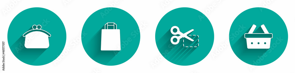 Set Wallet, Paper shopping bag, Scissors cuts discount coupon and Shopping basket icon with long shadow. Vector Set Wallet, Paper shopping bag, Scissors cuts discount coupon and Shopping basket icon with long shadow. Vector
