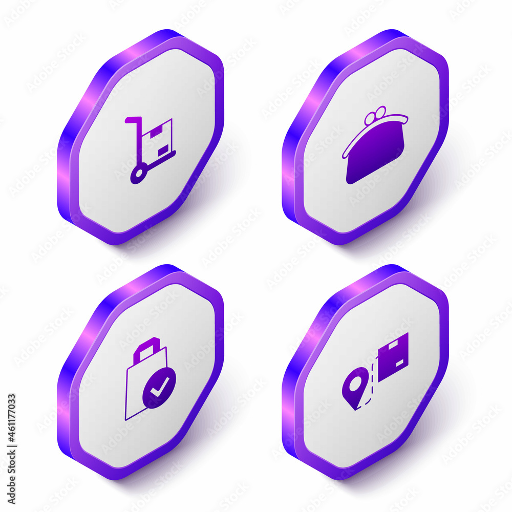 Set Isometric Hand truck and boxes, Wallet, Paper shopping bag and Location with cardboard icon. Purple hexagon button. Vector Set Isometric Hand truck and boxes, Wallet, Paper shopping bag and Location with cardboard icon. Purple hexagon button. Vector