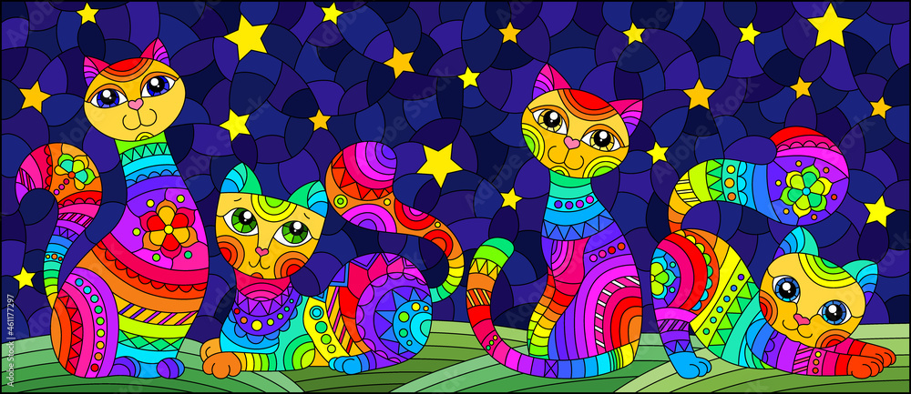 An illustration in the style of a stained glass window with bright cartoon cats on the background of the night starry sky An illustration in the style of a stained glass window with bright cartoon cats on the background of the night starry sky